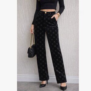 Black Velvet Monogram Pants High Waist Straight Leg Designer Style Size L